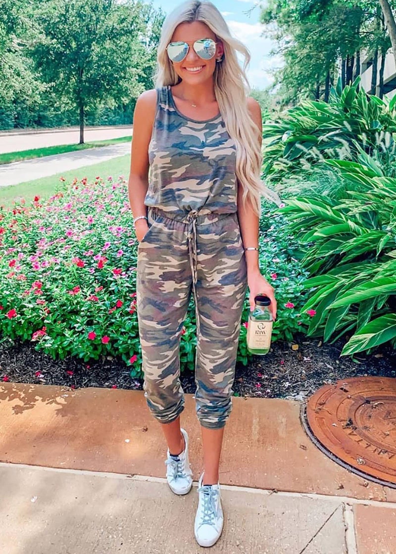 KIRUNDO Women 2026 Summer Jumpsuits Casual Sleeveless Drawstring Elastic Waist Romper Vacation Cruise Airport Travel Outfits(Small, Camouflage) - Image 2